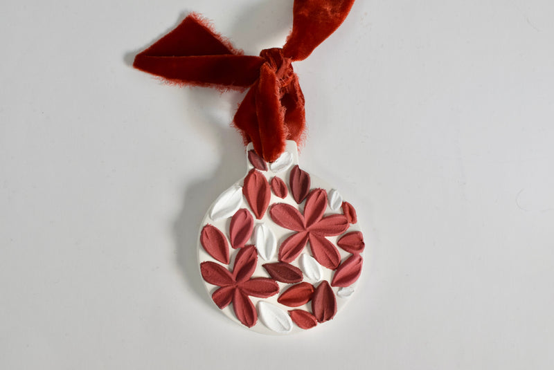 Candy Cane Red Floral Holiday Ceramic Ornament